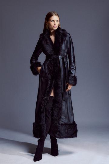 Leather & Shearling Cuff And Collar Maxi Coat