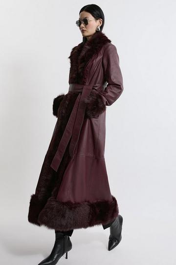 Leather & Shearling Cuff And Collar Maxi Coat mulberry