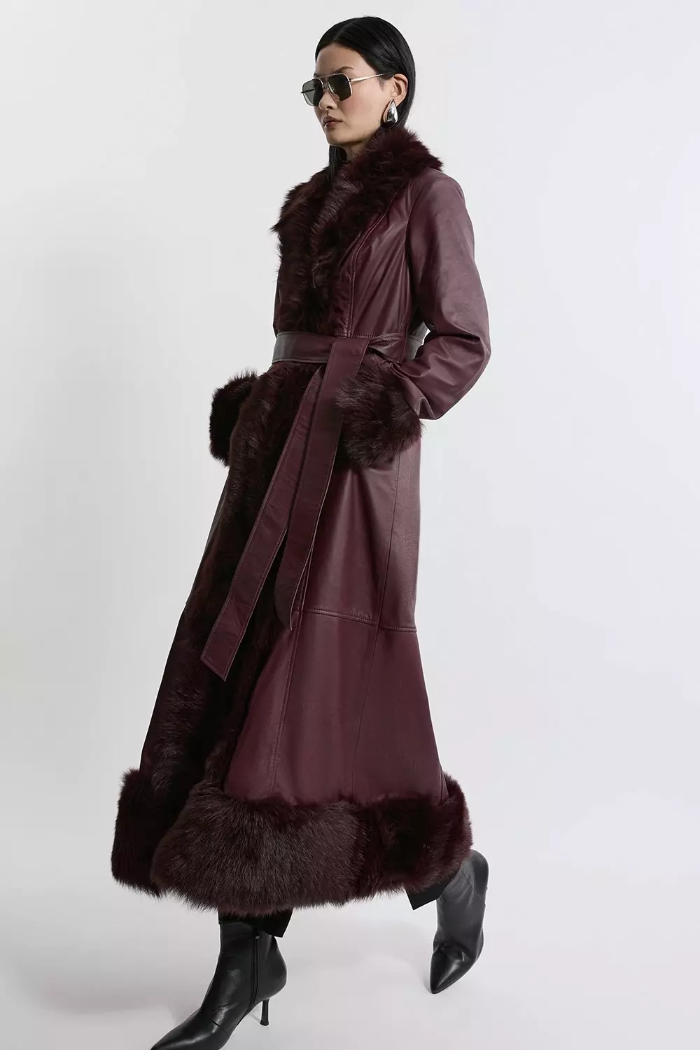 Leather Shearling Cuff And Collar Maxi Coat Karen Millen