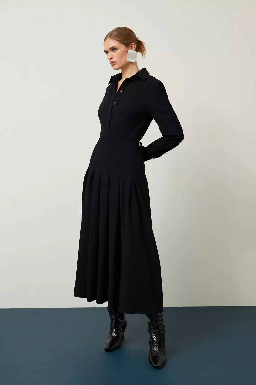 【KAREN MILLEN】テイラード クレープ プリーツ シャツドレス Tailored Crepe Pleated Midi Shirt Dress | Karen Millen