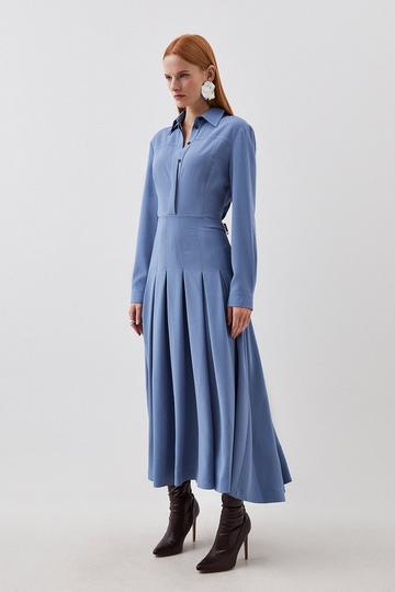 Blue Tailored Crepe Pleated Midi Shirt Dress