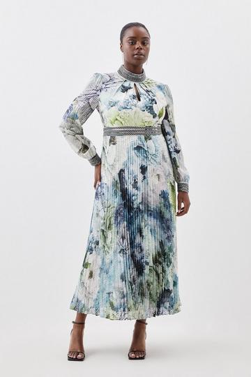 Multi Plus Size Diamante Trim Floral Woven Maxi Dress