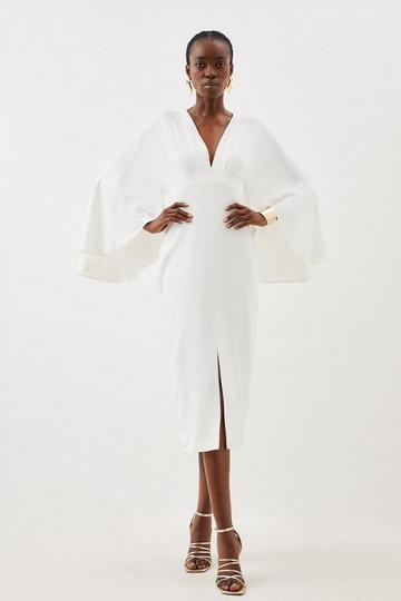 Tailored Compact Viscose Kimono Sleeve Plunge Neck Midi Dress ivory