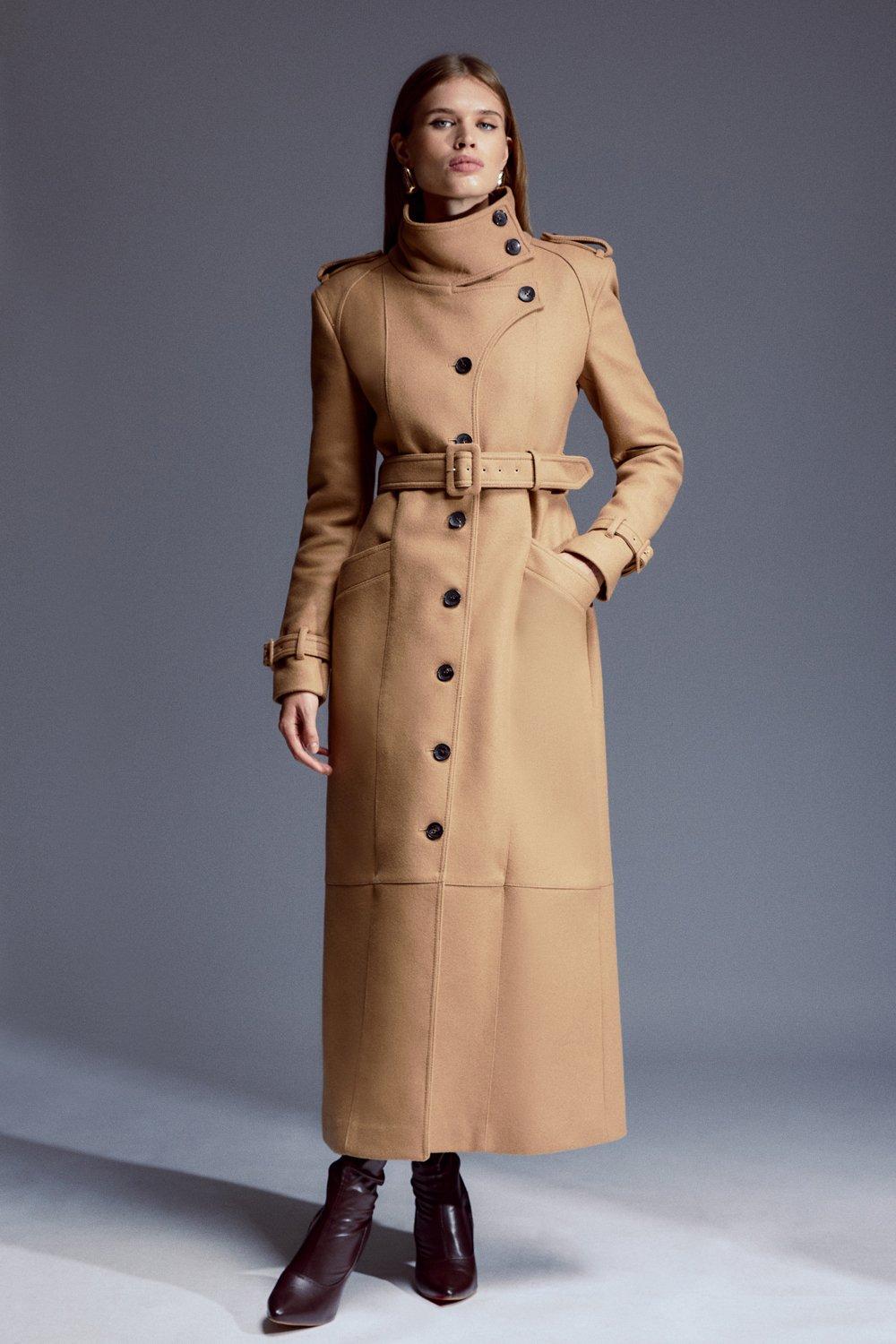 Tailored Wool Blend High Neck Belted Maxi Coat Karen Millen