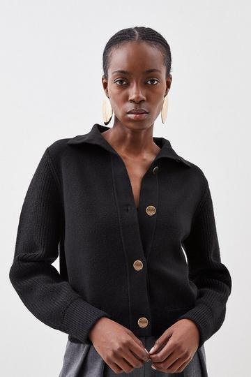 Black Compact Wool Blend Contrast Knit Sleeve Jacket