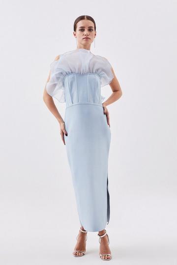 Petite Bandage Figure Form Knit Organza Frill Maxi Dress pale blue