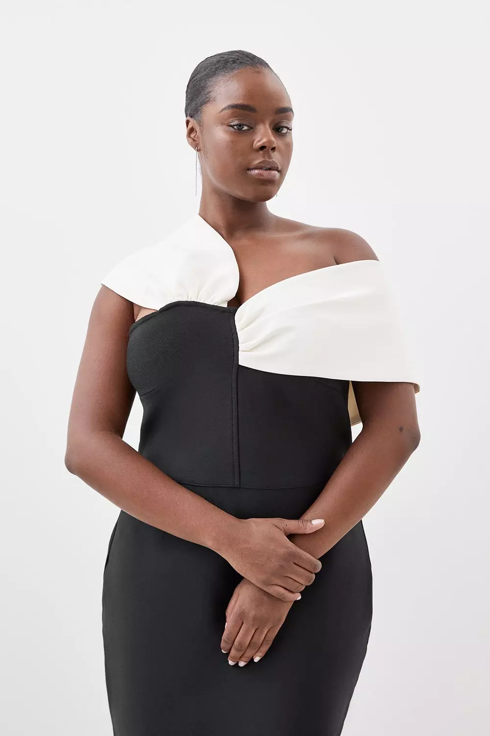 Black Plus Size Figure Form Bandage Knit Asymmetric Strap Midi Dress alternative image