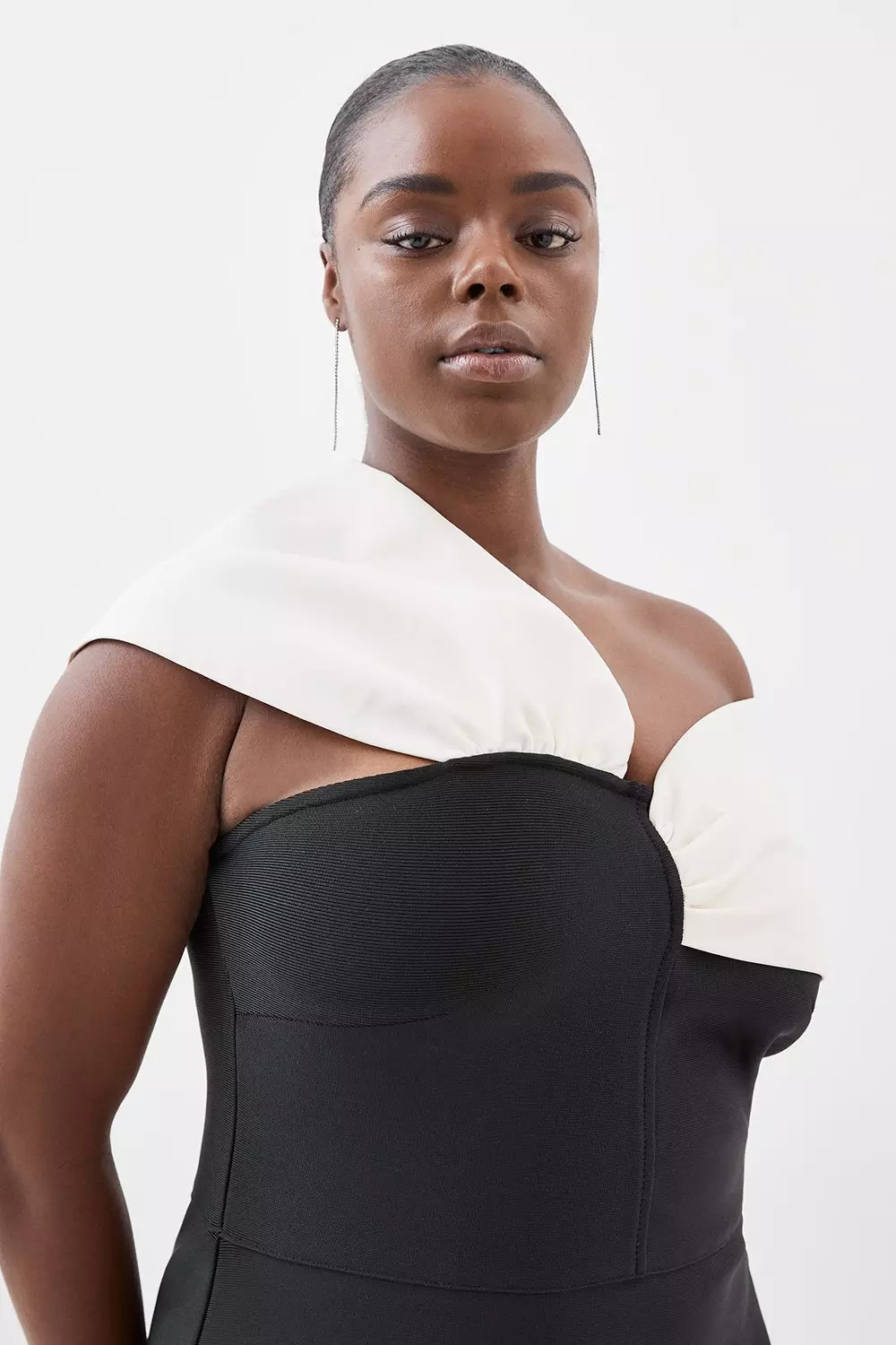 Black Plus Size Figure Form Bandage Knit Asymmetric Strap Midi Dress alternative image