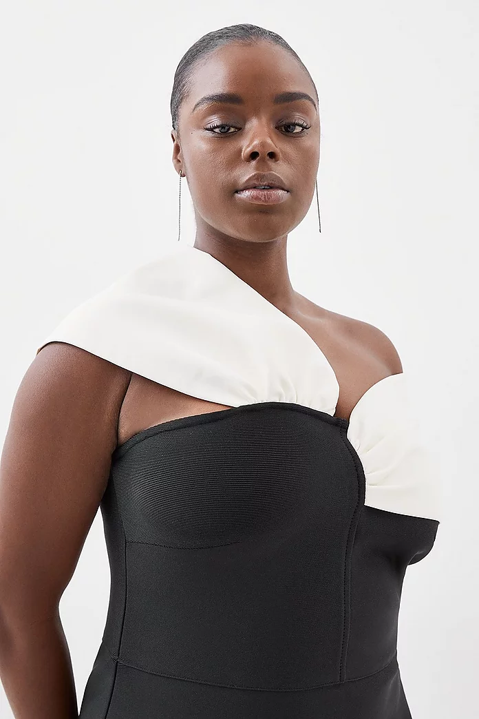 Plus Size Figure Form Bandage Knit Asymmetric Strap Midi Plus Size Figure Form Bandage Knit Asymmetric Strap Midi