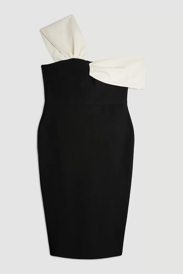 Plus Size Figure Form Bandage Knit Asymmetric Strap Midi Plus Size Figure Form Bandage Knit Asymmetric Strap Midi