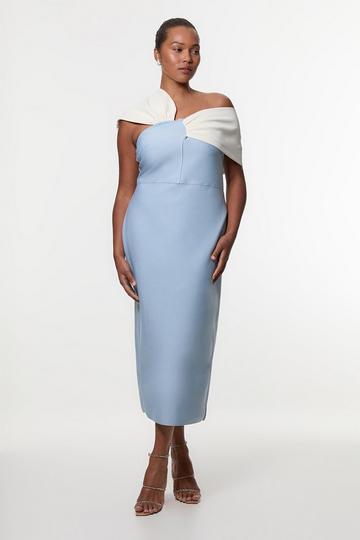 Blue Plus Size Figure Form Bandage Knit Asymmetric Strap Midi Dress