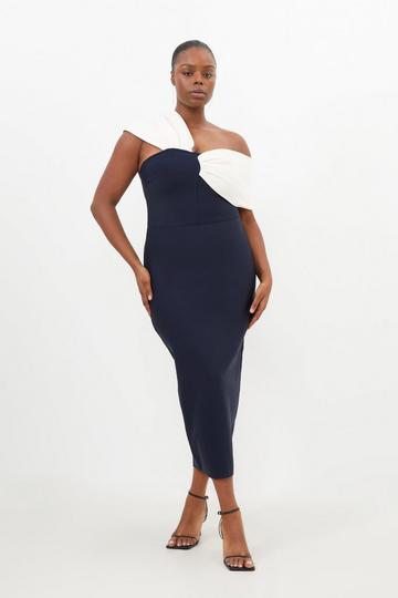 Navy Plus Size Figure Form Bandage Knit Asymmetric Strap Midi Dress