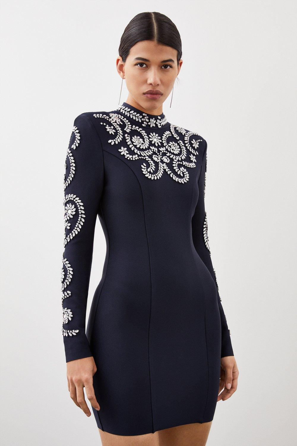 Figure Form Bandage Embellished Knit Mini Dress | Karen Millen