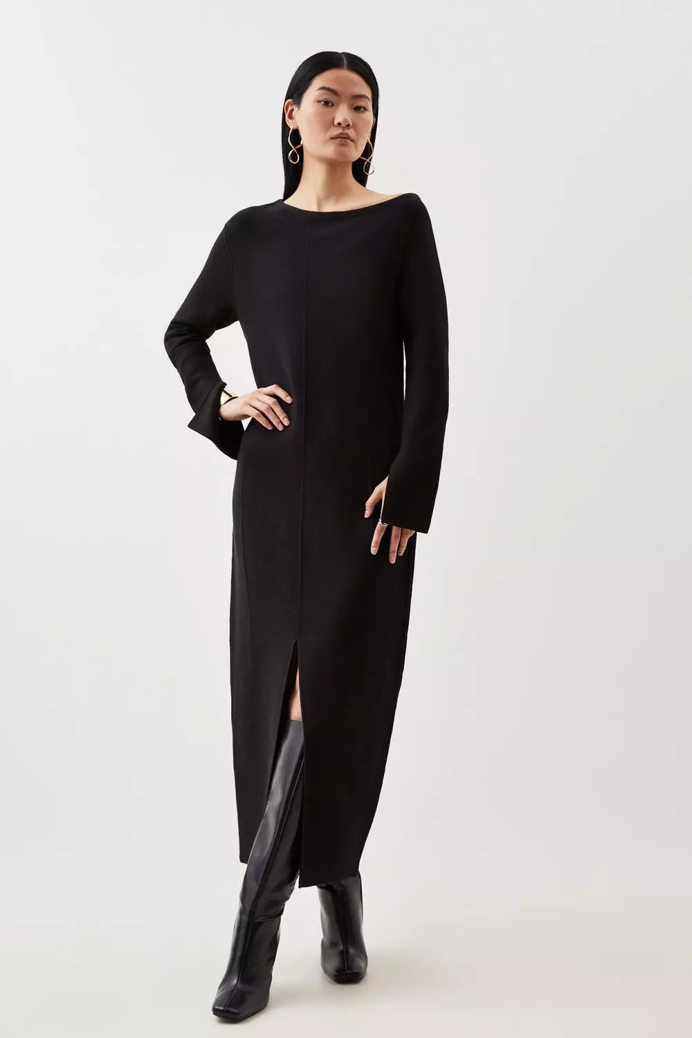 Petite Compact Knit Wool Look Drop Shoulder Midi Dress Karen Millen