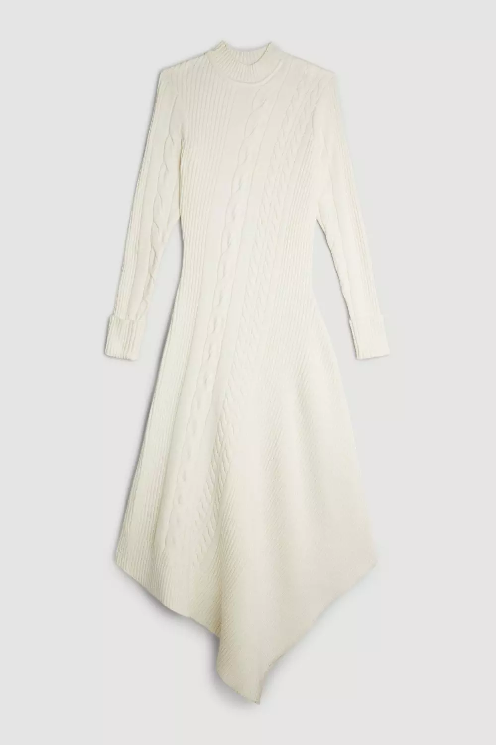 Viscose Blend High Neck Asymmetric Hem Cable Knit Maxi Dress