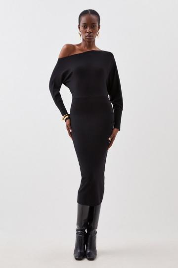 Viscose Blend Knit Asymmetric Neck Midi Dress black