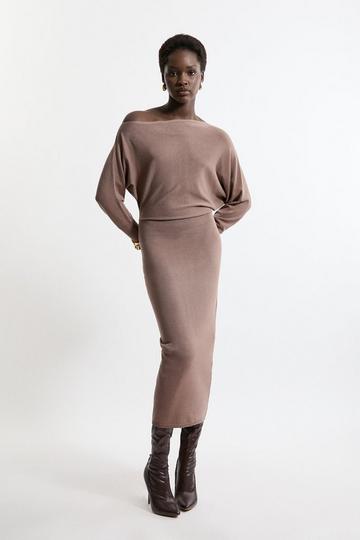 Viscose Blend Knit Asymmetric Neck Midi Dress mink