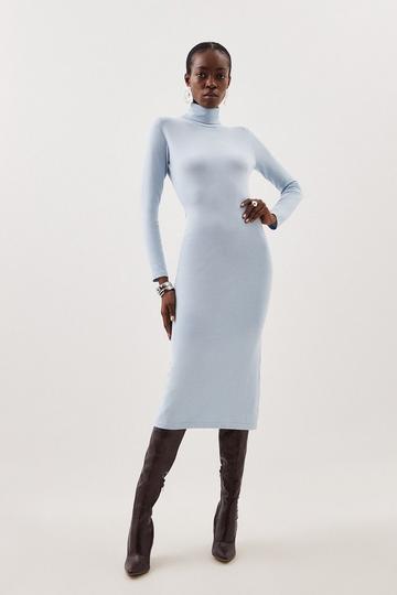 Blue Viscose Blend Knit Turtleneck Midi Dress