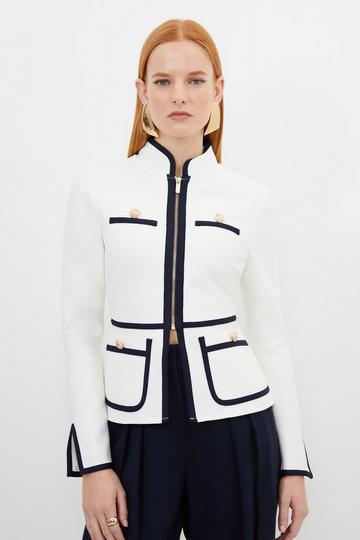 Figure Form Bandage Contrast Piping Knit Jacket cream