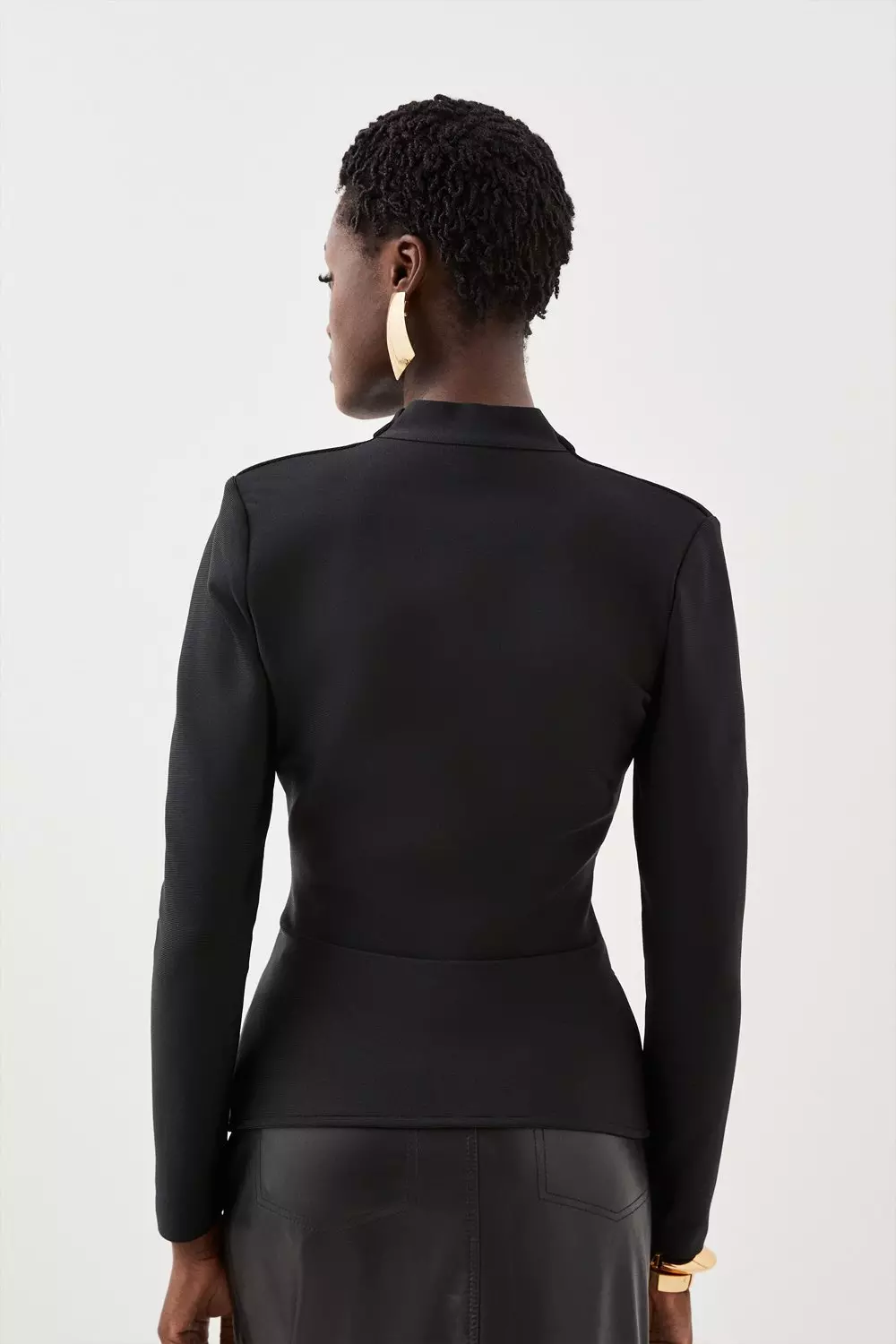 Figure Form Bandage Sharp Shoulder Collared Knit Top | Karen