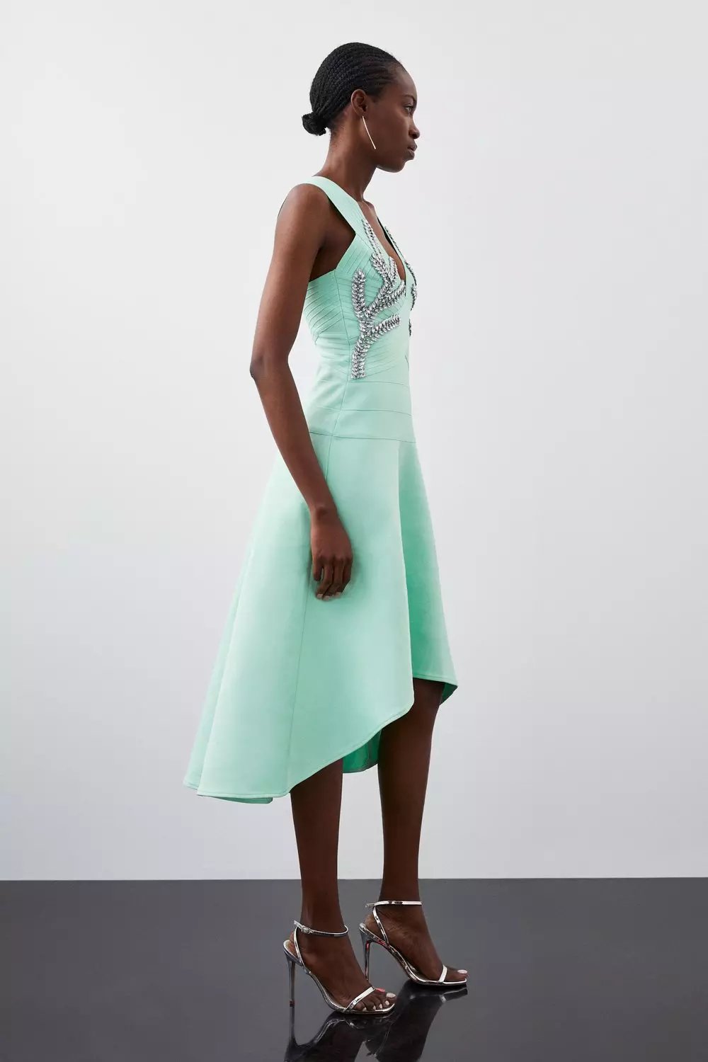 Figure Form Bandage Embellished High Low Knit Dress | Karen