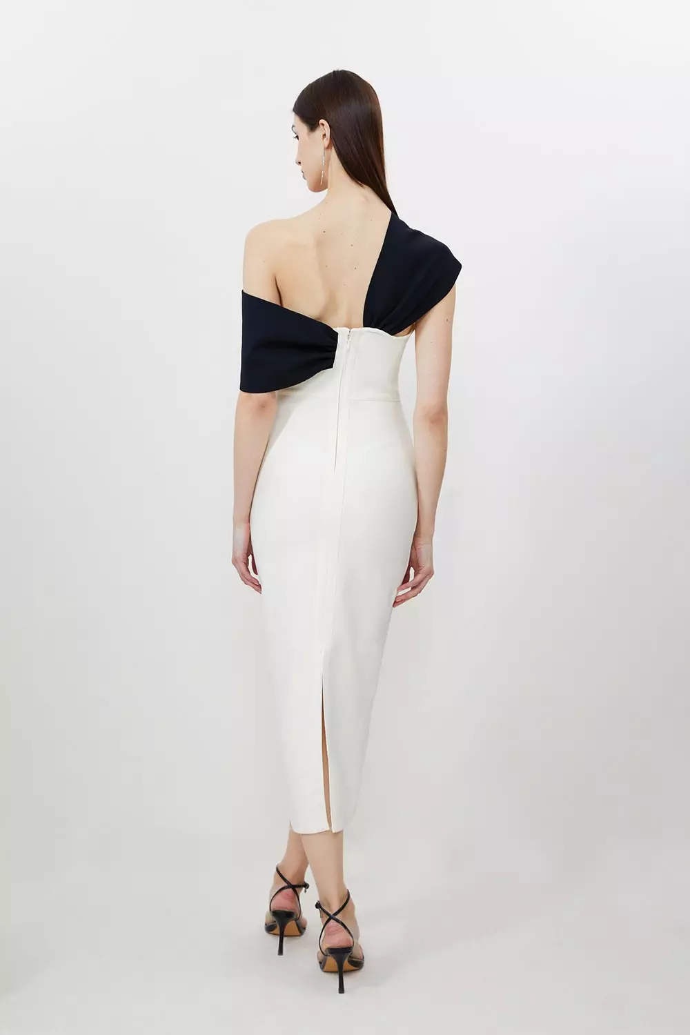 美品★ MEDI SHEER GEOMETRIC KNIT DRESS SET Plus Size Figure Form Bandage Knit Asymmetric Strap Midi