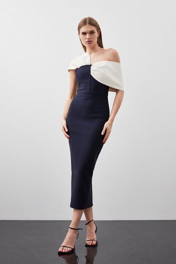 Figure Form Bandage Asymmetric Strap Knit Midi Dress navy