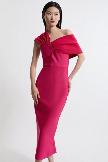 Pink Figure Form Bandage Asymmetric Strap Knit Midi Dress