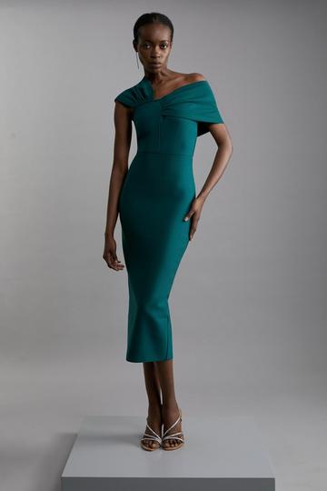 Figure Form Bandage Asymmetric Strap Knit Midi Dress teal