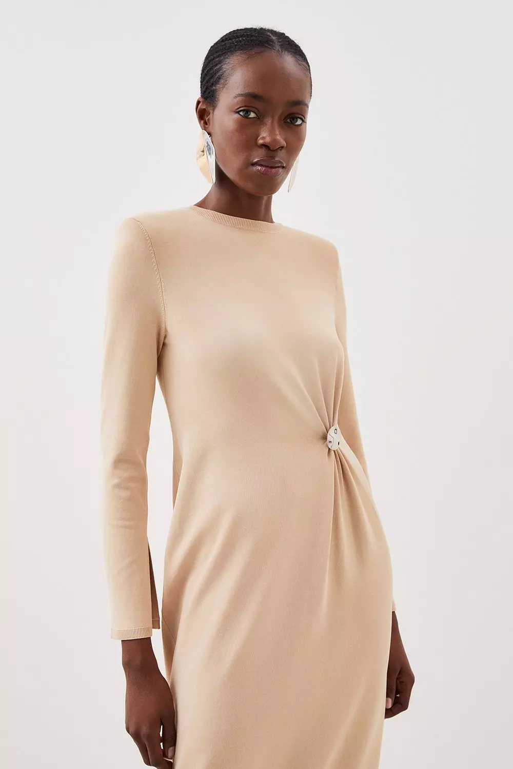 Premium Drape Knit Gathered Trim Detail Midi Dress Karen Millen