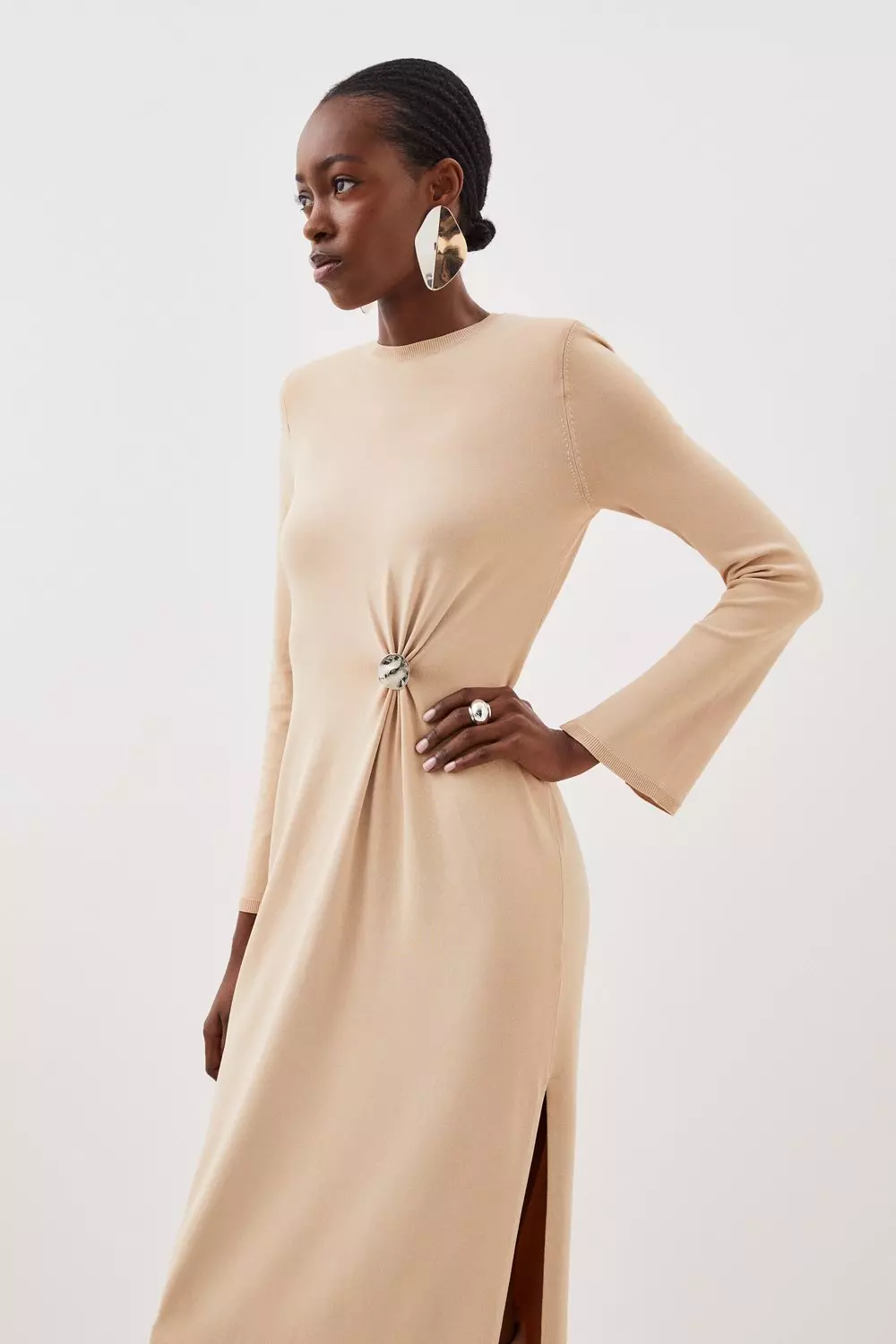 Premium Drape Knit Gathered Trim Detail Midi Dress Karen Millen