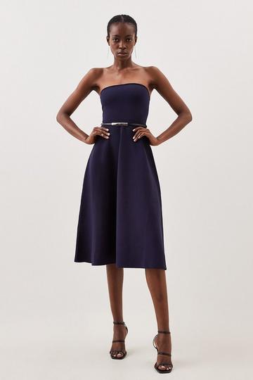 Navy Premium Viscose Blend Body Contouring Belted Full Skirt Bandeau Knit Dress