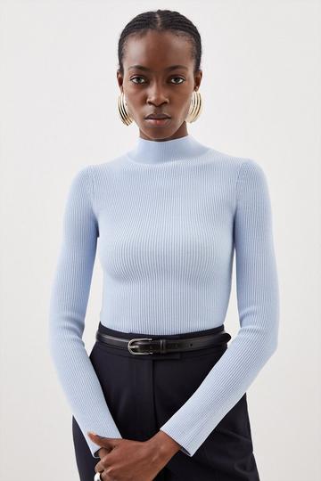 Viscose Blend Compact Rib Knit Funnel Neck Jumper pale blue