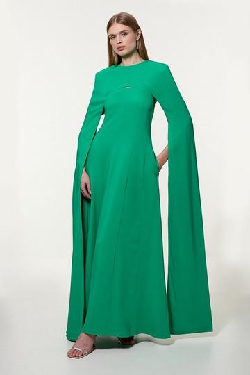 Premium Bonded Viscose Crepe Detachable Cape Woven Maxi Dress green