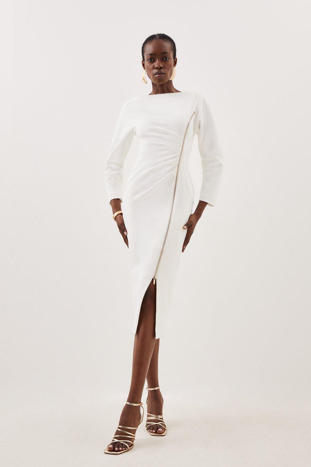 Ivory Tailored Compact Stretch Round Sleeve Ruched Midi Dress 