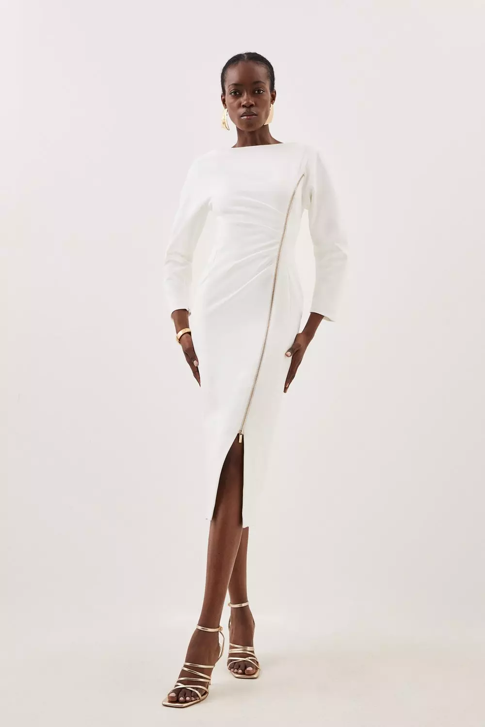 Tailored Compact Stretch Round Sleeve Ruched Midi Dress Karen Millen