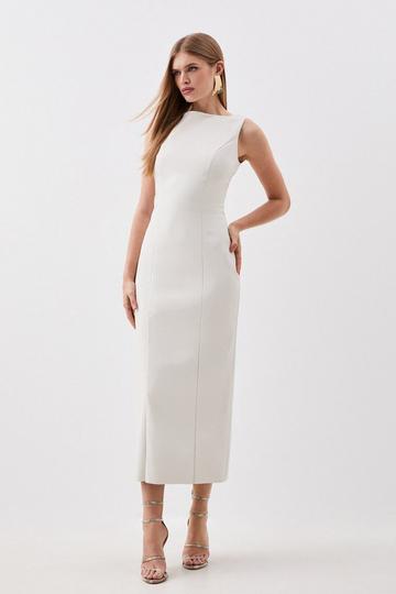 Cream White Stretch Lightweight Pu Panelled Midi