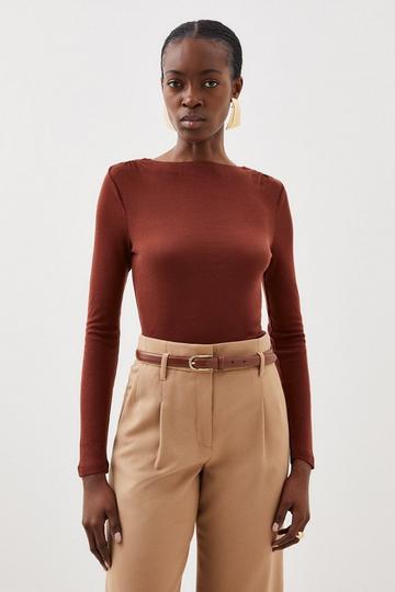 Premium Jersey Wool Blend Long Sleeve Top toffee