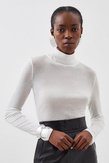 Premium Jersey Wool Blend High Neck Sleeve Top ivory