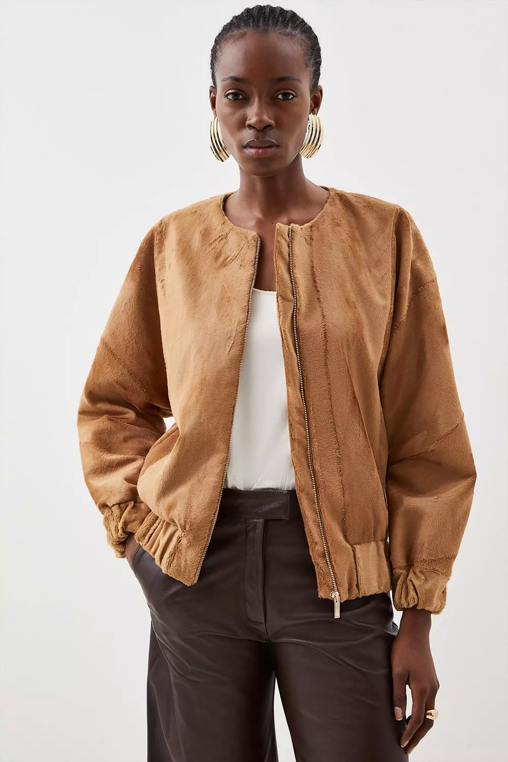 【Karen Millen】モノ テクスチャー ボンバー ジャケット Washed Leather Zip Back Bomber Jacket | Karen Millen