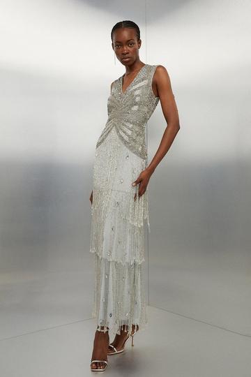 Tall Embellished Beaded Woven Maxi Dress silver