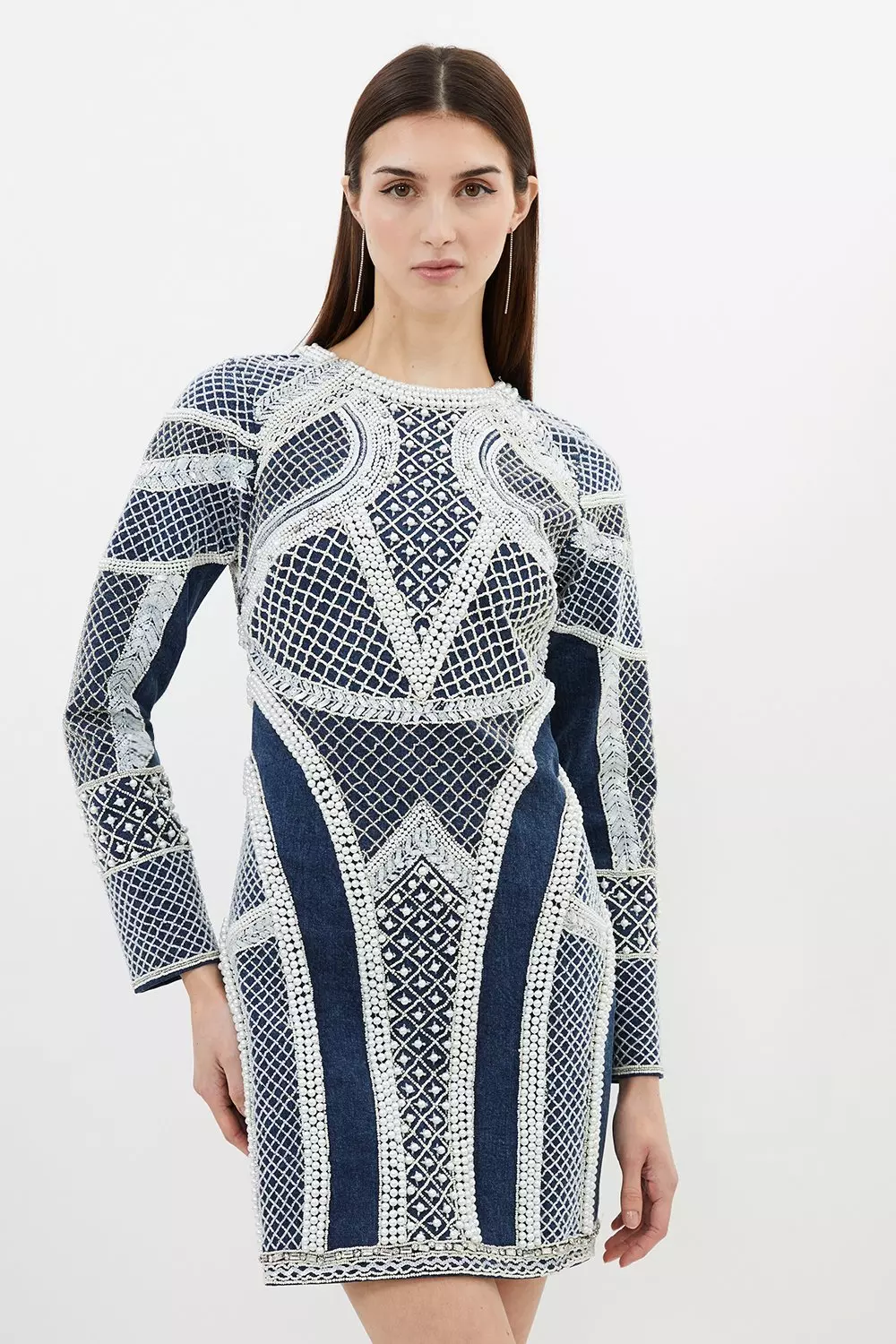 Denim Embellished Pearl Long Sleeve Mini Dress alternative image