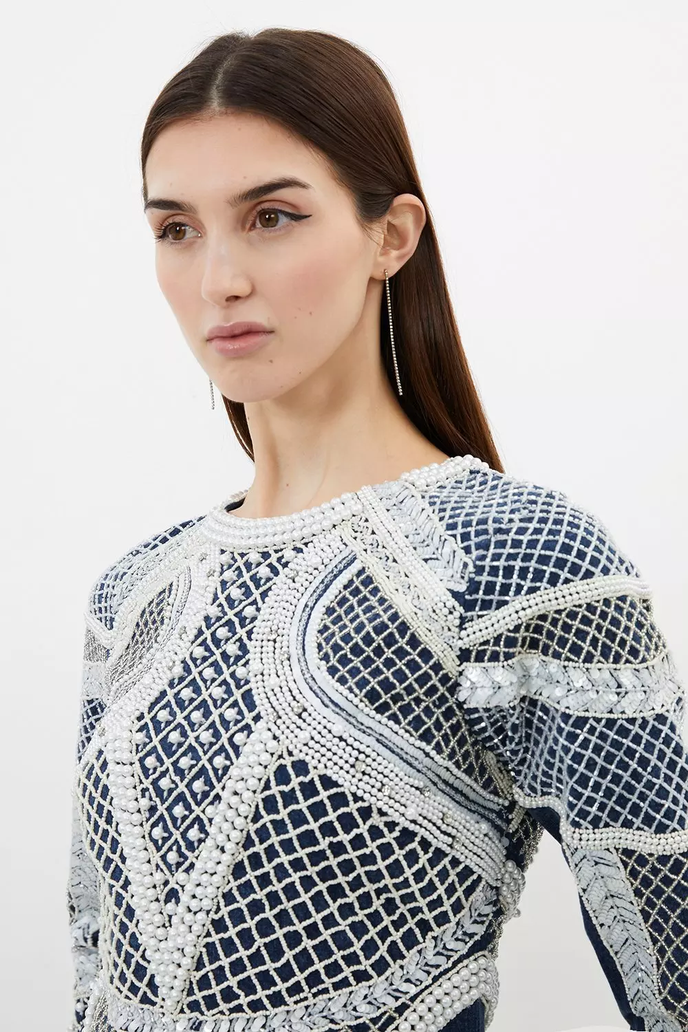 Denim Embellished Pearl Long Sleeve Mini Dress alternative image