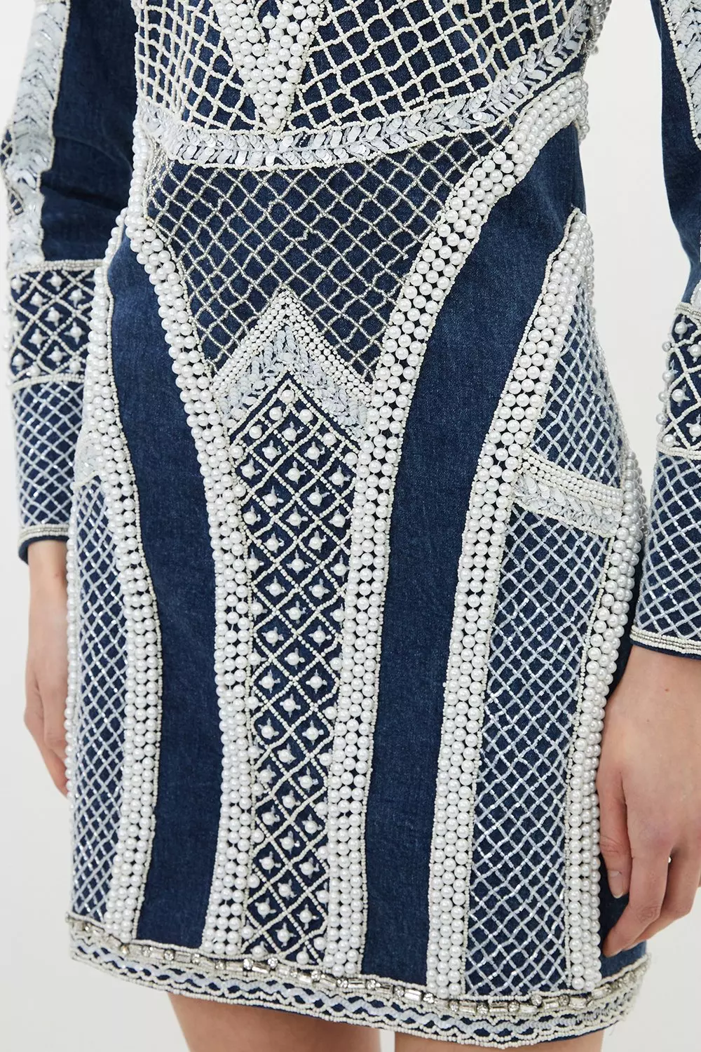 Denim Embellished Pearl Long Sleeve Mini Dress alternative image