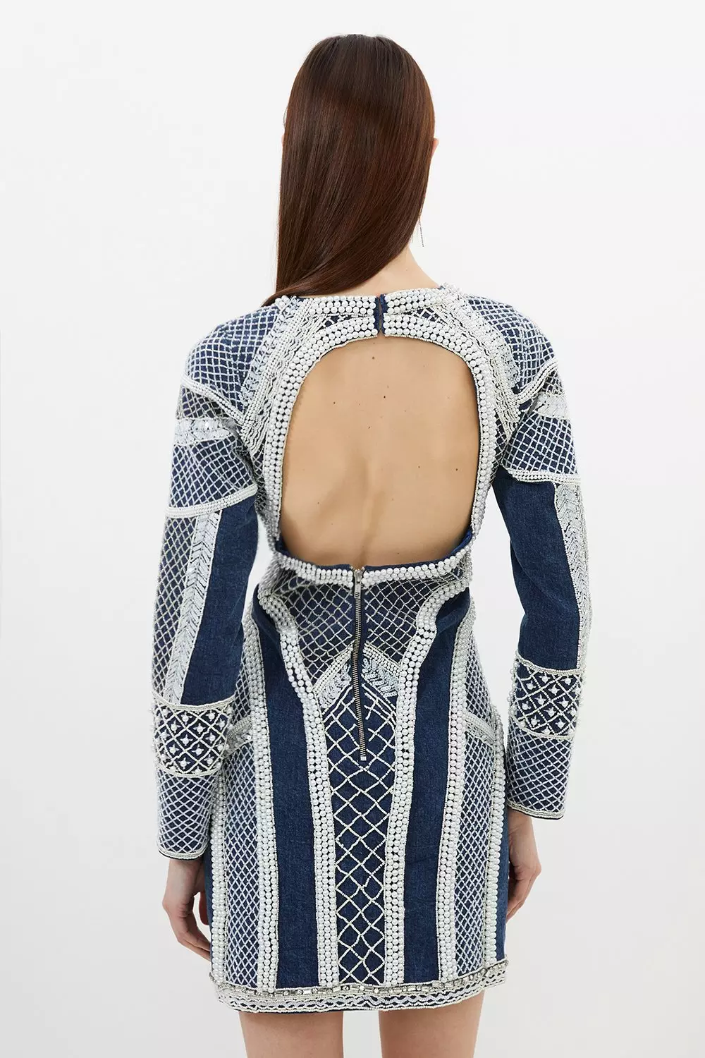 Denim Embellished Pearl Long Sleeve Mini Dress alternative image