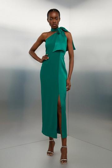 Emerald Green Tailored Satin Back Crepe Tie Neck Contrast Panel Maxi Dress