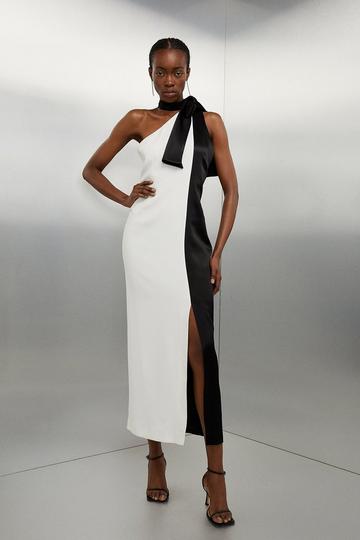 Tailored Satin Back Crepe Tie Neck Contrast Panel Maxi Dress mono