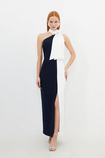 Navy Tailored Satin Back Crepe Tie Neck Contrast Panel Maxi Dress