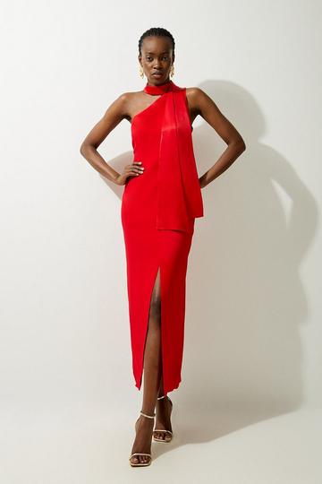 Red Tailored Satin Back Crepe Tie Neck Contrast Panel Maxi Dress