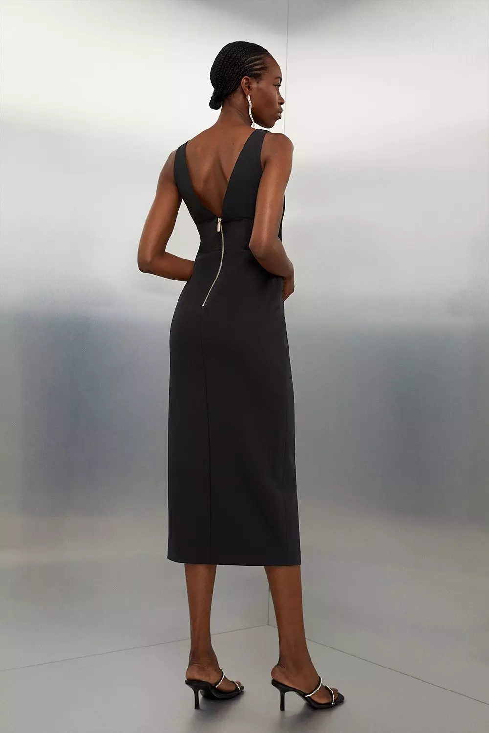 Clean Tailored V Neck Mesh Detail Side Split Pencil Dress